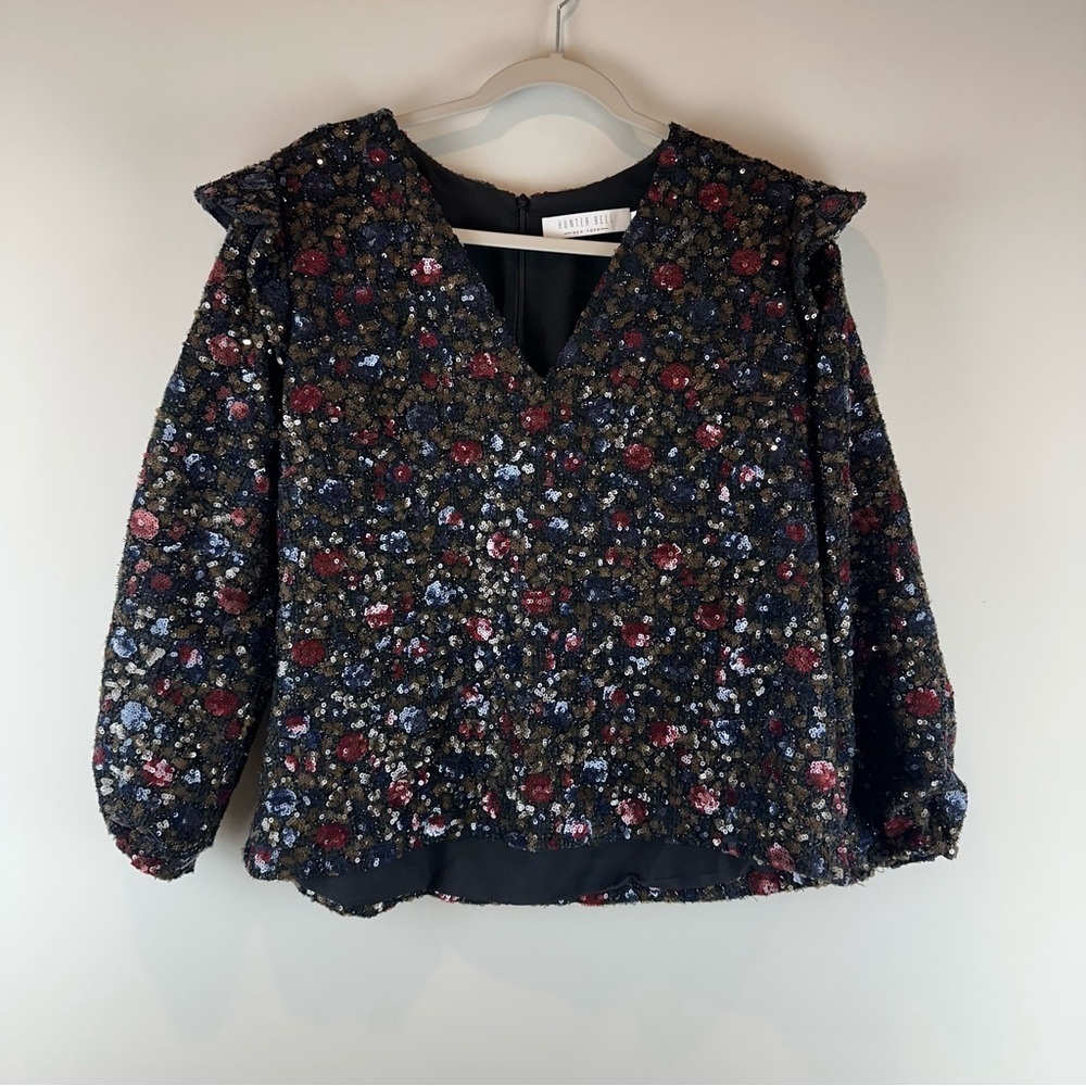Hunter Bell Black Spangled Floral Sequin Embellished Statement Blake Top Size 10